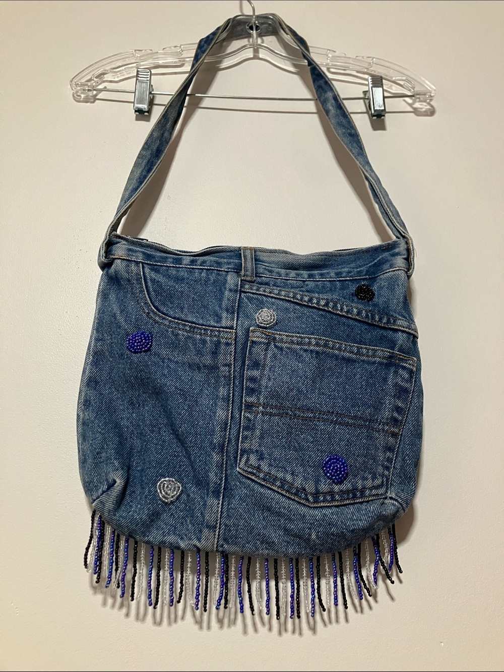 Vintage Upcycled Denim Crossbody Bag Beaded Fringed Boho Y2K
